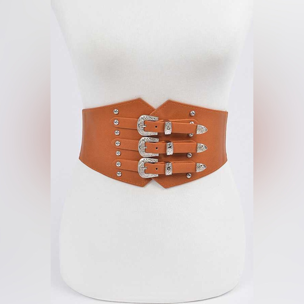 Vegan Leather Triple Buckle Corset Statement Belt - Picture 2 of 7